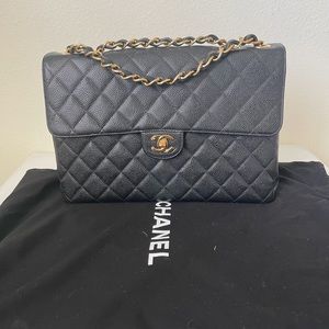24k gold plated Black Chanel caviar jumbo single flap bag